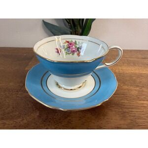 Vintage Paragon Blue Floral Teacup & Saucer Fine Bone China England Gold Trim